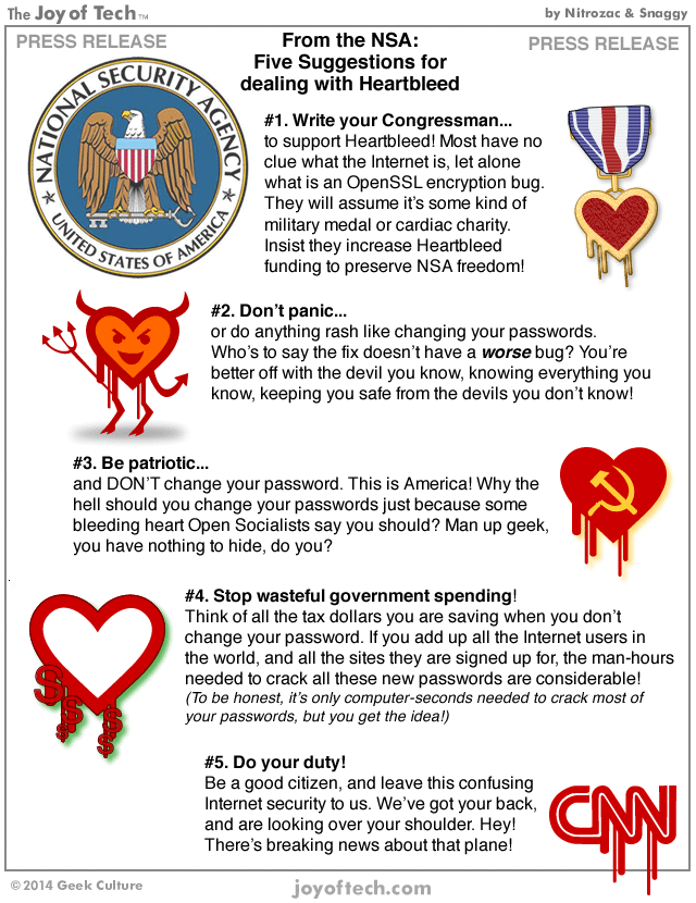Five NSA suggestions for dealing with Heartbleed.